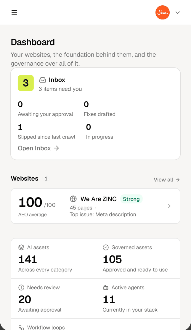 The Dispatch dashboard on a phone: the Inbox with three items needing you, the We Are ZINC website at 100 out of 100, and governance counts.