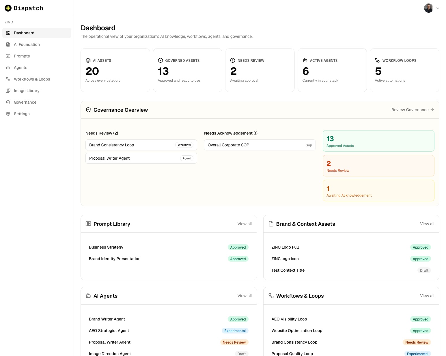 Dispatch dashboard with AI asset metrics, approvals, and governance activity